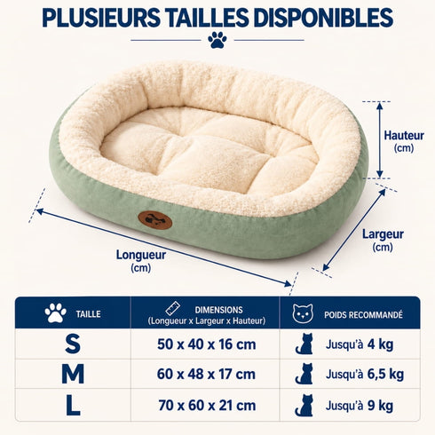 Panier douillet pour chat en peluche verte et écrue, présentée avec les tailles S, M et L, leurs dimensions et les poids recommandés jusqu’à 9 kg.