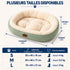 Panier douillet pour chat en peluche verte et écrue, présentée avec les tailles S, M et L, leurs dimensions et les poids recommandés jusqu’à 9 kg.