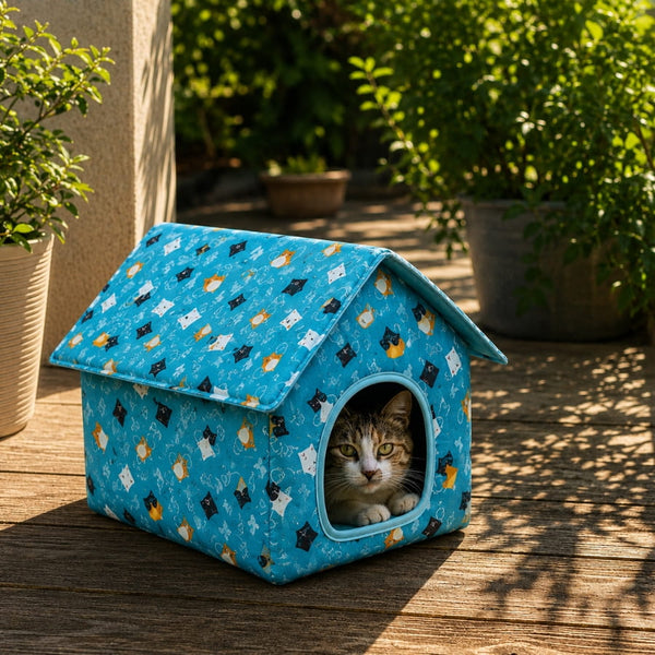 Niche pour chat extérieur hiver bleue avec motifs de chats et toit rembourré, posée sur une terrasse en bois au soleil