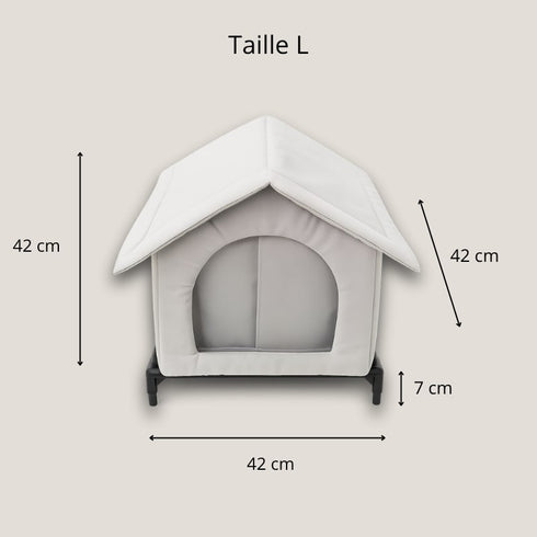Abri pour chat extérieur en tissu blanc taille L, structure surélevée avec dimensions 42 cm de largeur et hauteur, offrant un espace spacieux et isolé pour protéger le chat du froid et de l’humidité.