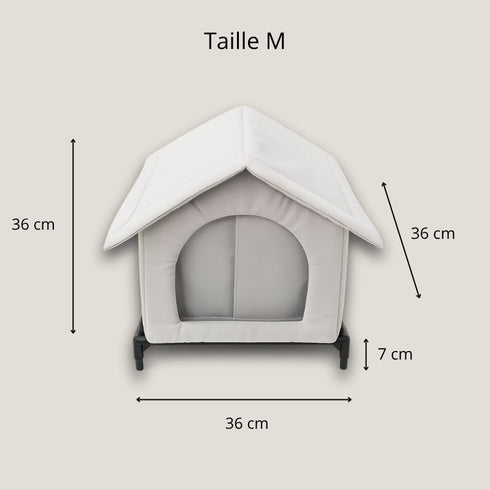 Abri pour chat extérieur en tissu blanc, taille M, avec dimensions indiquées 36 cm de largeur et de hauteur, surélevé de 7 cm pour isoler le chat du sol et de l’humidité.