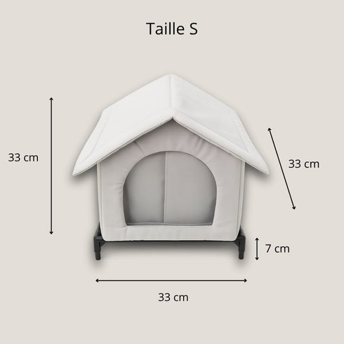 Abri pour chat extérieur en tissu blanc, taille S, avec dimensions indiquées 33 cm de largeur et de hauteur, surélevé de 7 cm pour protéger le chat de l’humidité.