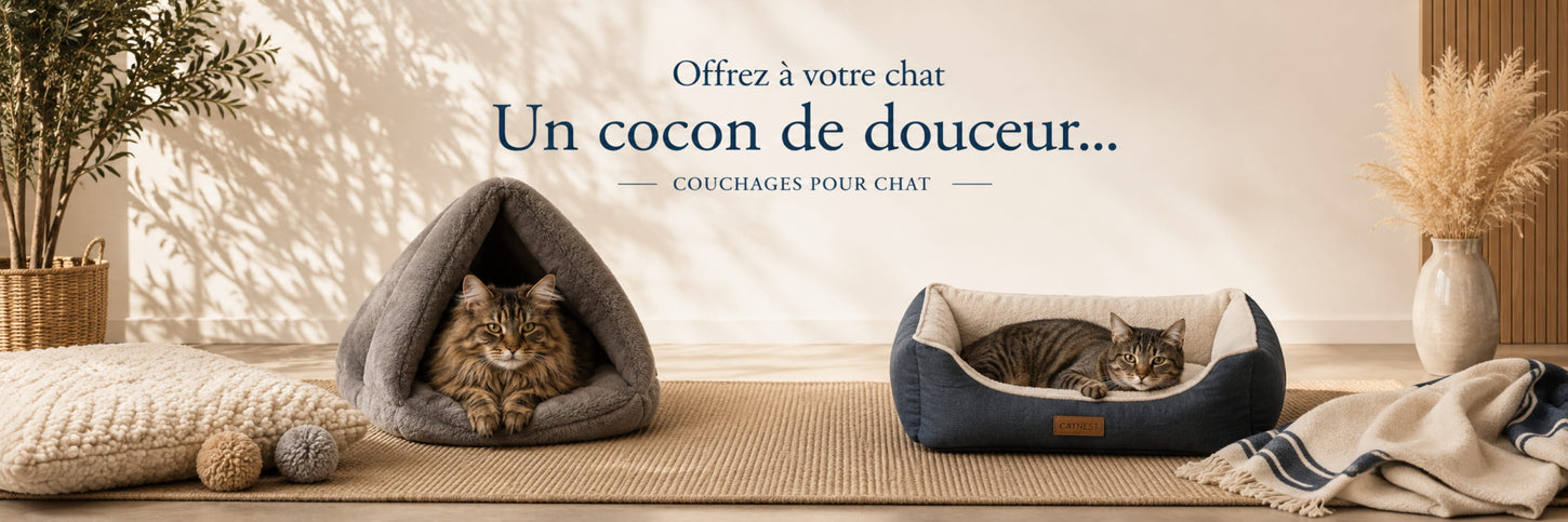 Chats confortablement installés dans un cocon et un panier pour chat, présentés dans un intérieur chaleureux mettant en avant les couchages CatNest.
