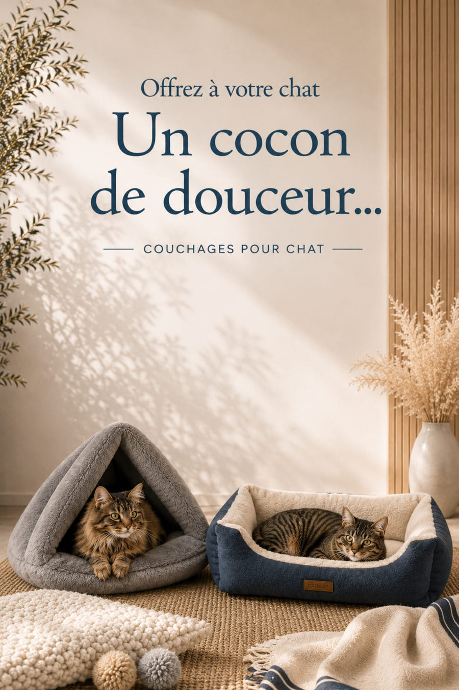 Deux chats installés dans des couchages confortables pour chat, un cocon moelleux et un panier douillet, dans un intérieur chaleureux et apaisant.