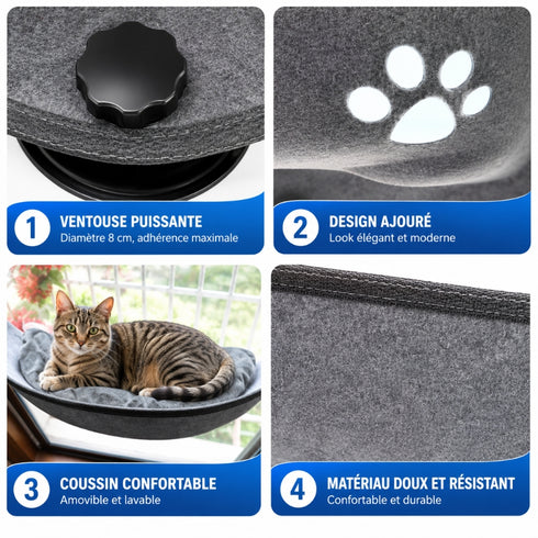 Avantages du panier pour chat en hauteur en feutre gris avec ventouse puissante, design ajouré, coussin confortable et matériau doux résistant.