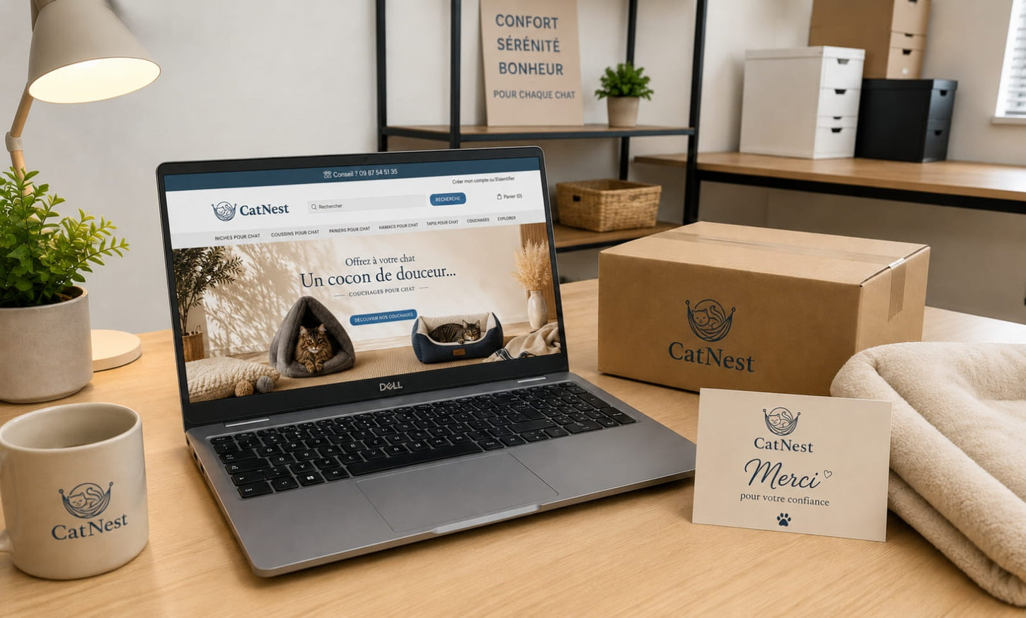 Espace de travail CatNest avec ordinateur affichant la boutique pour chat, colis, carte de remerciement et accessoires de la marque - desktop