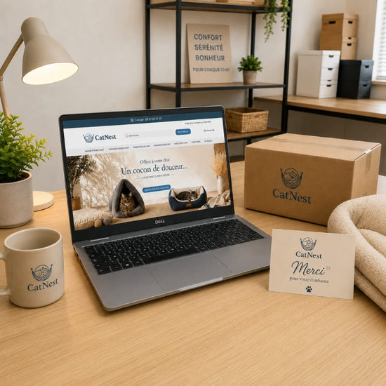 Espace de travail CatNest avec ordinateur affichant la boutique pour chat, colis, carte de remerciement et accessoires de la marque - mobile