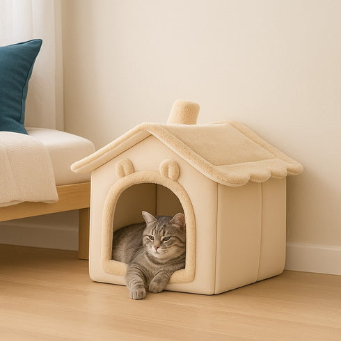 Cabane pour chat intérieur en peluche beige avec entrée arrondie