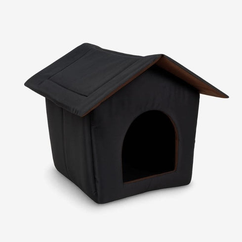 Cabane extérieure pour chat en tissu noir, abri isolant et protecteur pour l’extérieur.