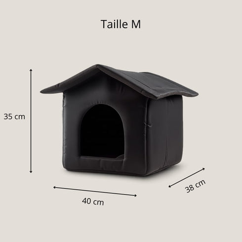 Cabane extérieure noire pour chat en tissu, taille M, dimensions 40 × 38 × 35 cm.