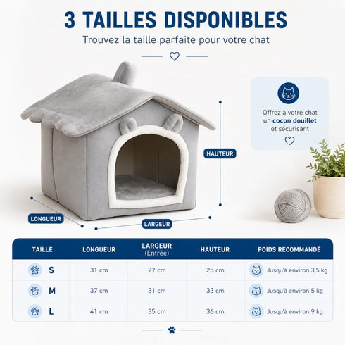Guide des tailles de la cabane pour chat intérieur en tissu gris, disponible en S, M et L, avec dimensions détaillées pour choisir la taille adaptée à votre chat.