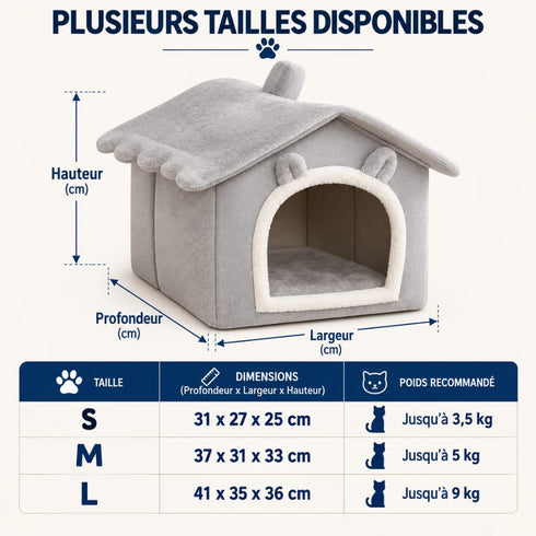 Guide des tailles de la cabane pour chat intérieur en tissu gris, disponible en S, M et L, avec dimensions détaillées pour choisir la taille adaptée à votre chat en fonction de son poids.