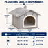 Guide des tailles de la cabane pour chat intérieur en tissu gris, disponible en S, M et L, avec dimensions détaillées pour choisir la taille adaptée à votre chat en fonction de son poids.