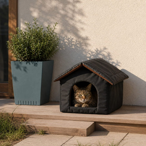 Cabane extérieure pour chat noire avec toit rembourré installée sur une terrasse en bois avec un chat tigré à l’intérieur