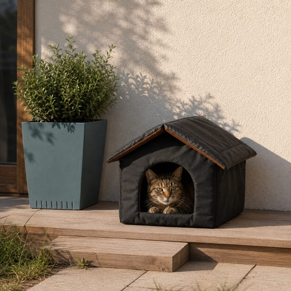 Cabane extérieure pour chat noire avec toit rembourré installée sur une terrasse en bois avec un chat tigré à l’intérieur