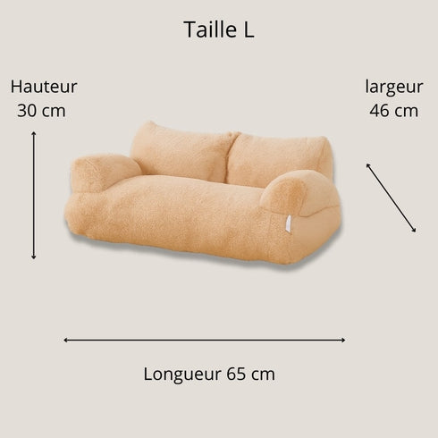 Dimensions du canapé pour chat beige taille L avec hauteur 30 cm, largeur 46 cm et longueur 65 cm.