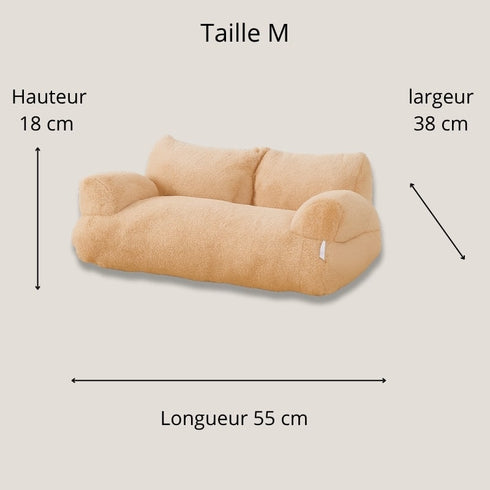 Dimensions du canapé pour chat beige taille M avec hauteur 18 cm, largeur 38 cm et longueur 55 cm.