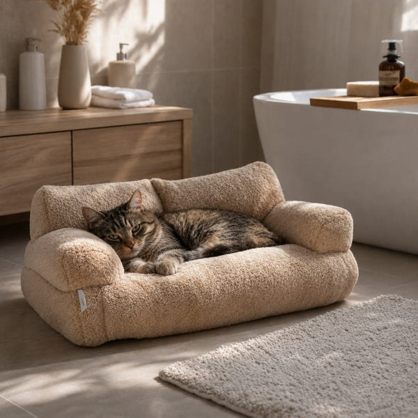 Chat reposant sur un canapé pour chat en tissu bouclette beige, couchage moelleux et élégant dans une salle de bain cosy.