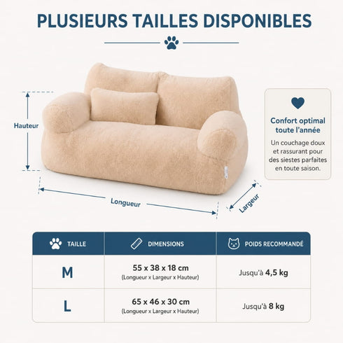 Dimensions visibles sur l’image du canapé pour chat en peluche beige, disponible en tailles M (55 × 38 × 18 cm) et L (65 × 46 × 30 cm), recommandé jusqu’à 8 kg.