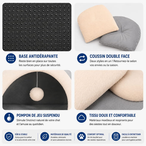 Détails du cocon pour chat avec base antidérapante, coussin double face réversible, pompon de jeu suspendu et tissu doux confortable.