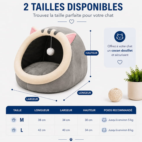 Guide des tailles du cocon pour chat gris avec oreilles décoratives et balle suspendue, disponible en M et L pour un refuge doux et sécurisant.