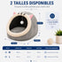 Guide des tailles du cocon pour chat gris avec oreilles décoratives et balle suspendue, disponible en M et L pour un refuge doux et sécurisant.