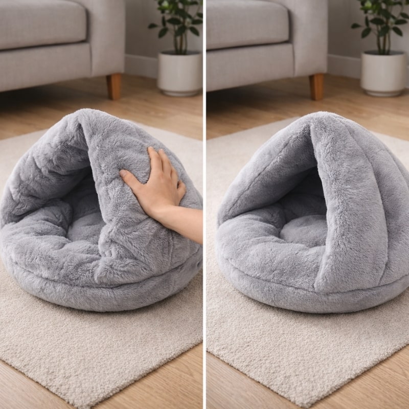 Avant/après : cocon en peluche gris pour chat, malaxé puis regonflé dans un salon