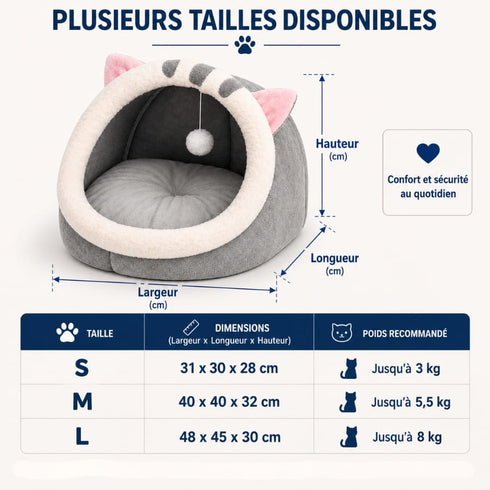 Cocon pour chat gris en peluche, présenté avec les tailles S, M et L, leurs dimensions et les poids recommandés jusqu’à 8 kg.