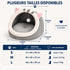 Cocon pour chat gris en peluche, présenté avec les tailles S, M et L, leurs dimensions et les poids recommandés jusqu’à 8 kg.