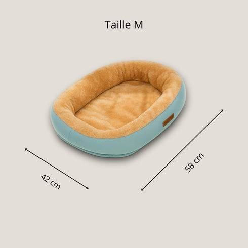 Corbeille à chat bleu et beige taille M avec dimensions indiquées, couchage doux et confortable
