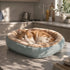 Corbeille pour chat bleu vert avec intérieur beige moelleux et chat roux allongé dans une cuisine lumineuse et apaisante.