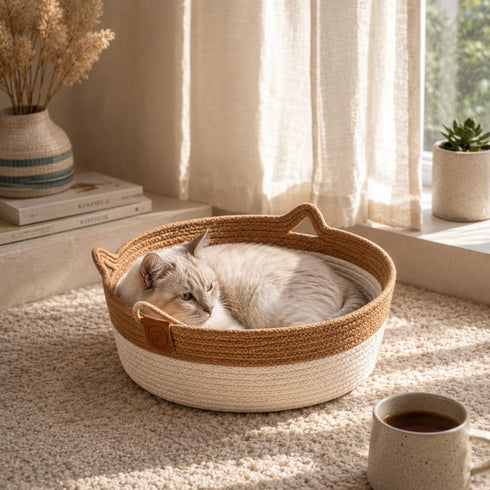 Chat blanc reposant dans une corbeille osier pour chat imitation osier beige et blanc, près d’une fenêtre dans une ambiance cosy et lumineuse.