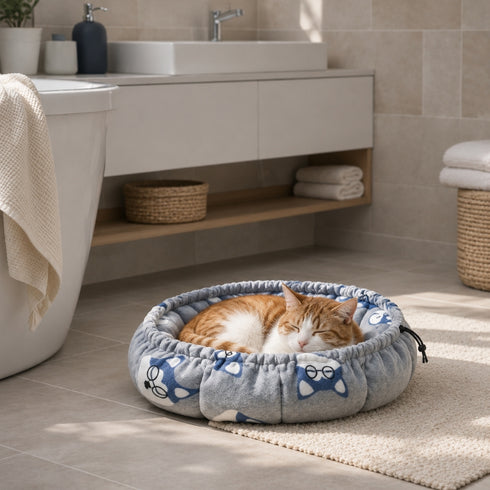 Chat roux et blanc endormi dans un couffin rond gris et bleu à motifs, installé dans une salle de bain lumineuse.