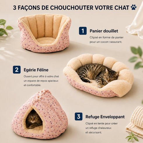 Infographie présentant un coussin anti-stress pour chat rose 3-en-1 transformable en panier douillet, couchage ouvert et refuge enveloppant pour un confort optimal.