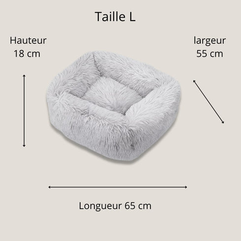 Coussin apaisant pour chat en fourrure grise, taille L, dimensions 65×55×18 cm, offrant un couchage moelleux et réconfortant.