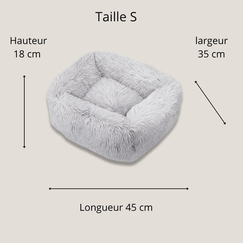 Coussin apaisant pour chat en fourrure grise, taille S, dimensions 45×35×18 cm, idéal pour le confort et la détente.