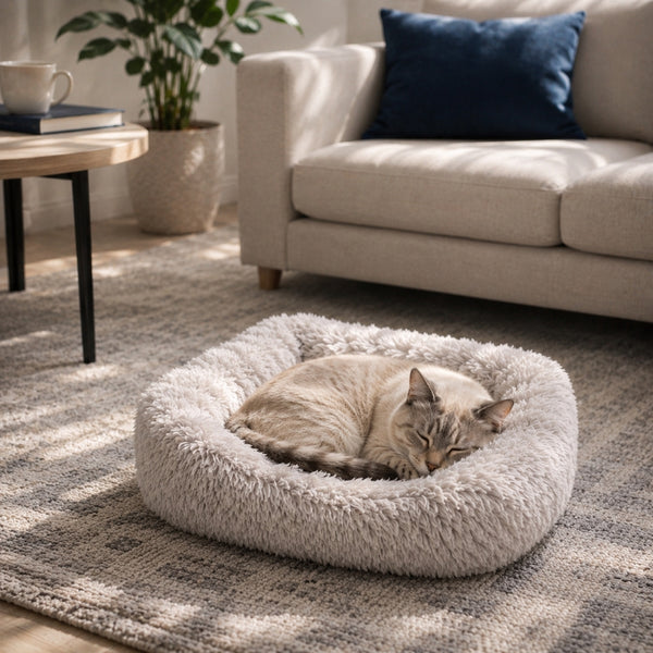 Chat crème endormi dans un coussin apaisant moelleux beige clair, posé sur un tapis dans un salon cosy et lumineux.