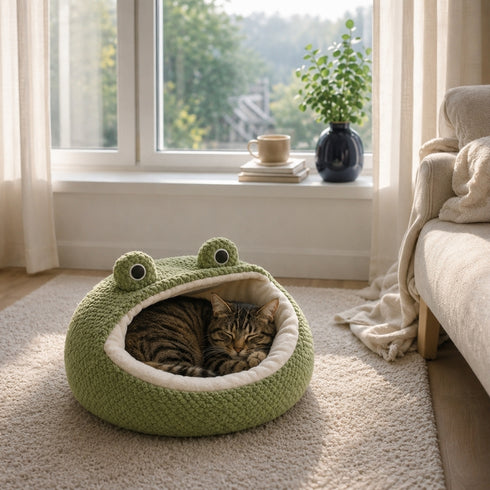 Chat tigré endormi dans une niche cocooning verte en forme de grenouille, placée près d’une fenêtre dans un salon chaleureux.