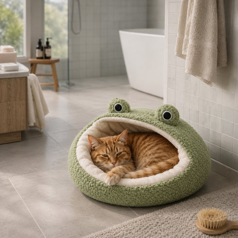 Chat roux allongé dans un panier cocooning vert en forme de grenouille, installé dans une salle de bain lumineuse.
