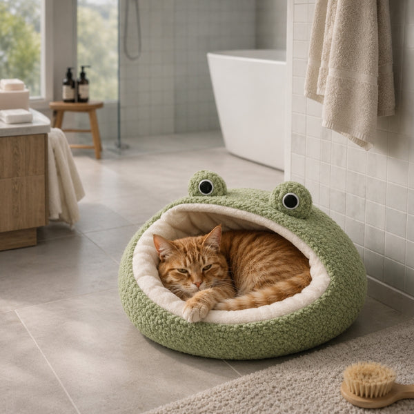 Chat roux allongé dans un panier cocooning vert en forme de grenouille, installé dans une salle de bain lumineuse.