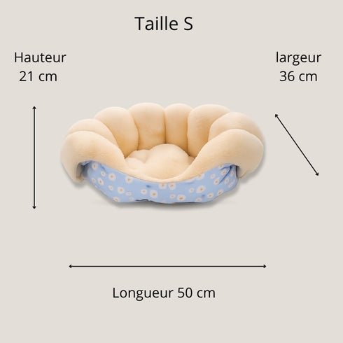 Coussin pour chat anti-stress en velours crème et bleu à motifs fleuris, présenté en vue frontale avec dimensions de la taille S : 50 cm de longueur, 36 cm de largeur et 21 cm de hauteur.