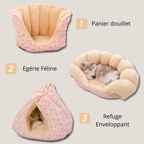 Visuel du coussin pour chat anti-stress en velours rose à motifs fleuris, présenté en trois formes : panier douillet, version ouverte et refuge enveloppant avec un chat endormi.