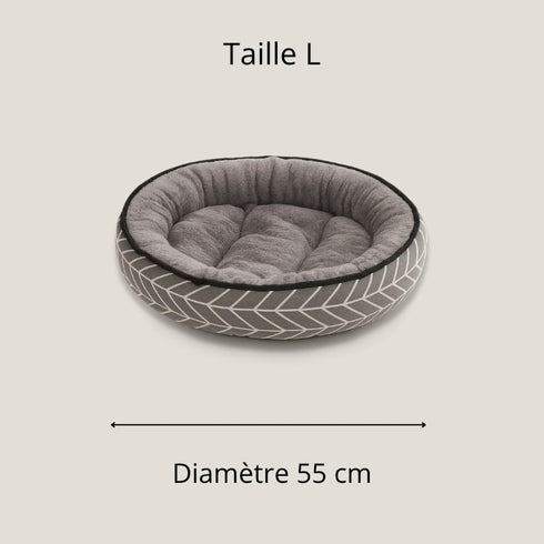Vue du coussin rond pour chaton en taille L, diamètre 55 cm, coloris gris imprimé.