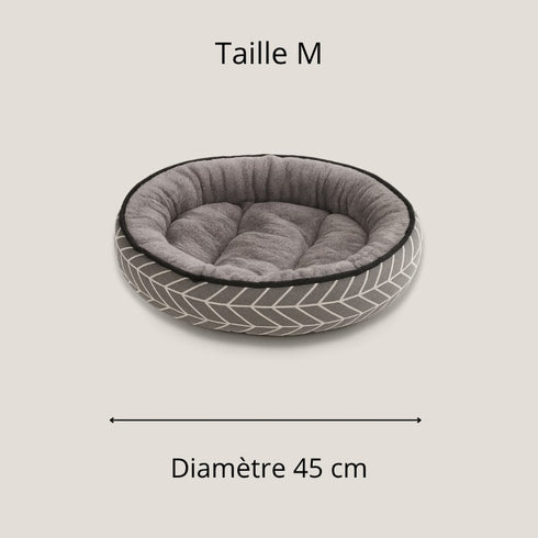 Vue du coussin rond pour chaton en taille M, diamètre 45 cm, coloris gris imprimé.
