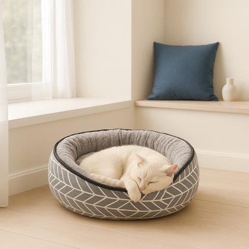 Chaton endormi dans un coussin rond gris à motifs graphiques, posé prés d'une fenêtre.