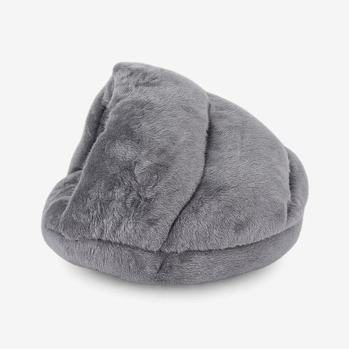 Coussin chauffant gris pour chat en vue de profil, forme fermée et rembourrage épais pour un confort maximal.