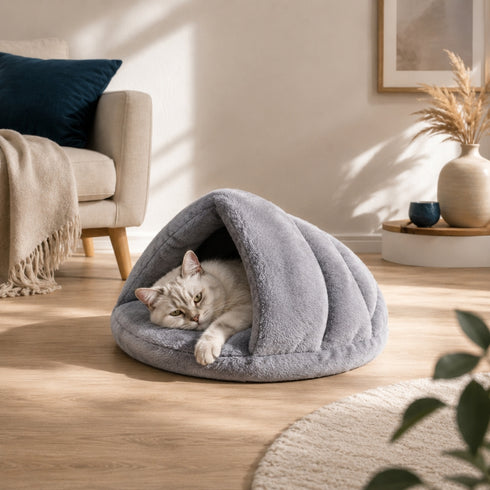 Chat blanc allongé dans un coussin chauffant gris ultra doux en forme de cocon, installé dans un salon lumineux et cosy.