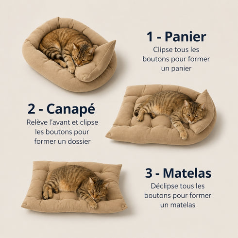 Coussin moelleux pour chat transformable en panier, canapé ou matelas grâce à un système de boutons à clipser.