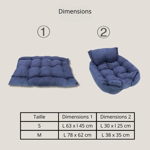 Tableau des dimensions du coussin moelleux bleu pour chat en tailles S et M, avec visuels montrant la version matelas à plat et la version panier relevée.