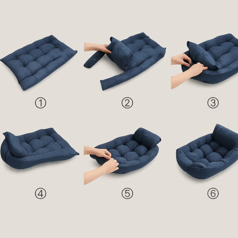 Tutoriel en six étapes montrant comment transformer le coussin moelleux bleu pour chat en panier, avec des mains attachant les boutons et pliant les côtés.